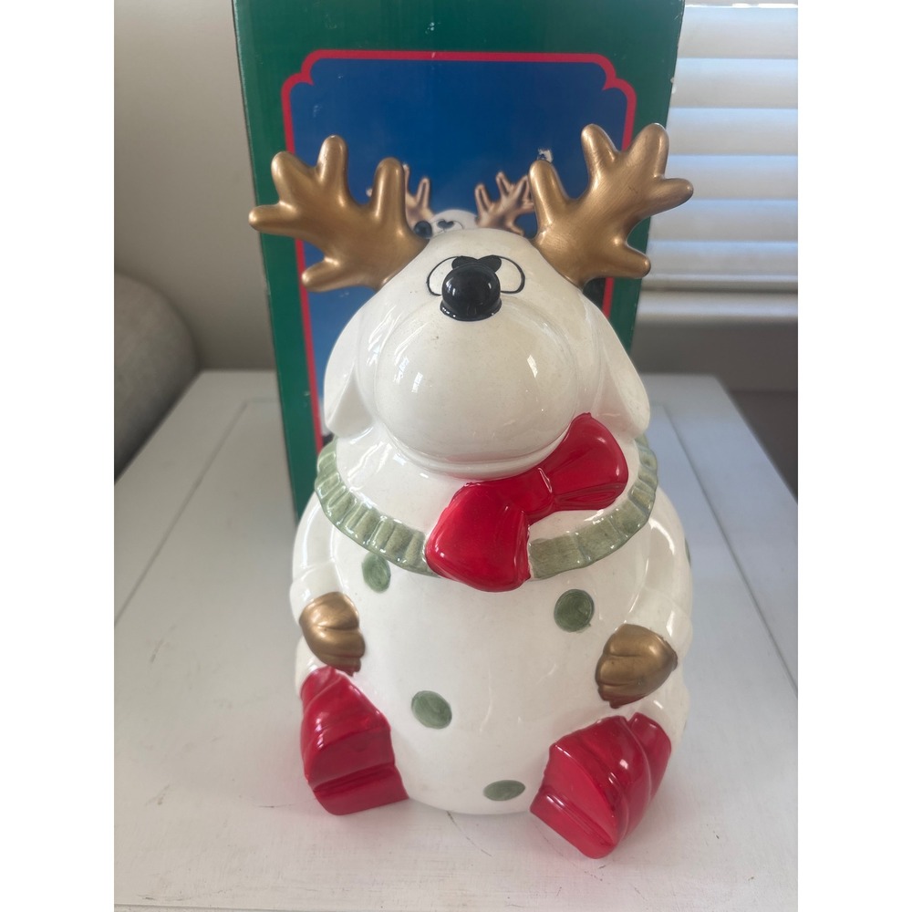 Vintage World Bazaars Ceramic Reindeer Dog Christmas Cookie Jar with Box